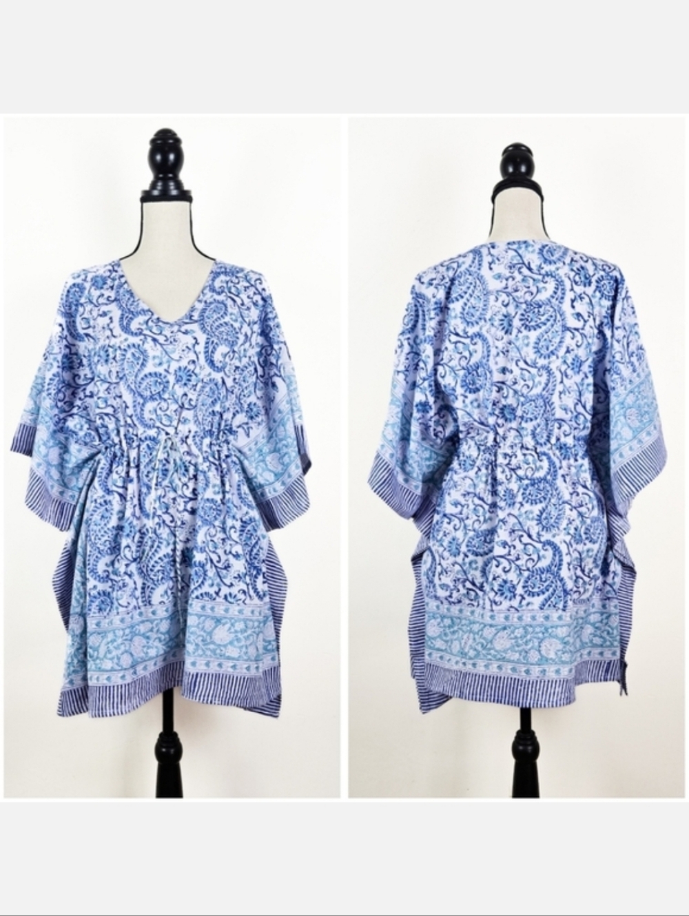 💜🦋LAST🦋 NWT Sevya Handmade Block-Printed Cotton Caftan, Sky Blue & Turquoise